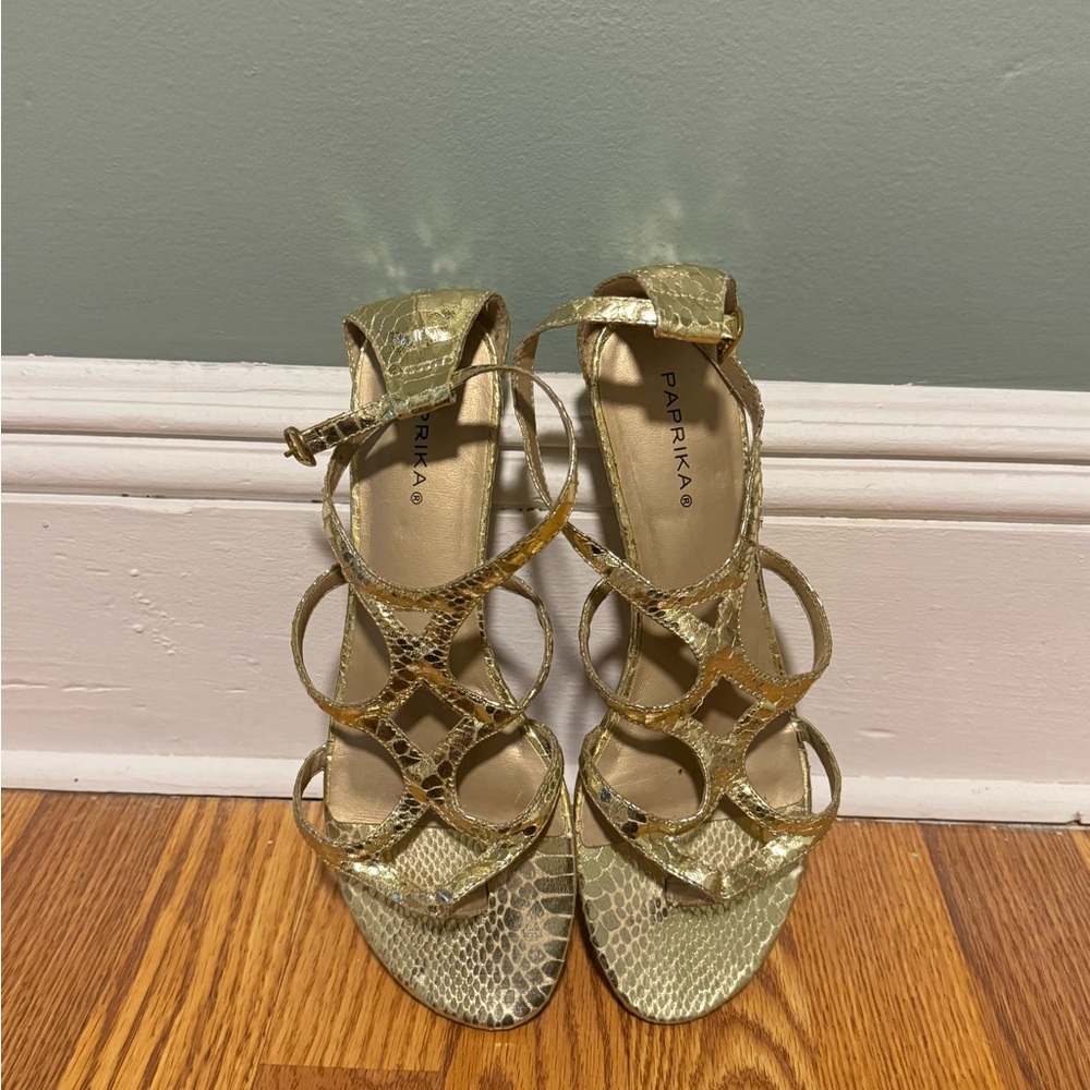 Paprika Metallic Gold Strappy Heels